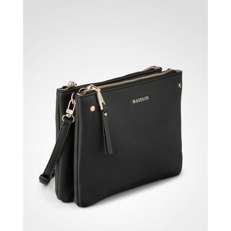 Charlotte Double Zip Crossbody Bag + Monogram Stripe Bag Strap Black + Black & White