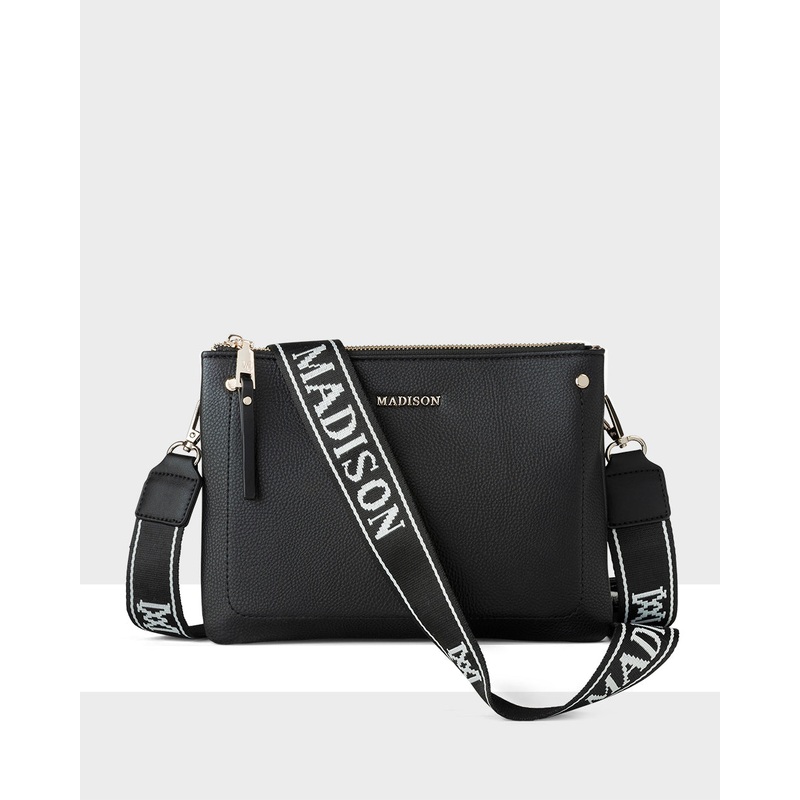 Charlotte Double Zip Crossbody Bag + Monogram Stripe Bag Strap Black + Black & White