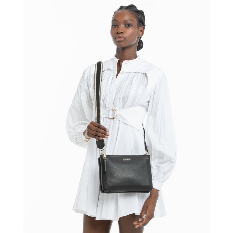 Charlotte Double Zip Crossbody Bag + Stripe Bag Strap Black + Black & Stone