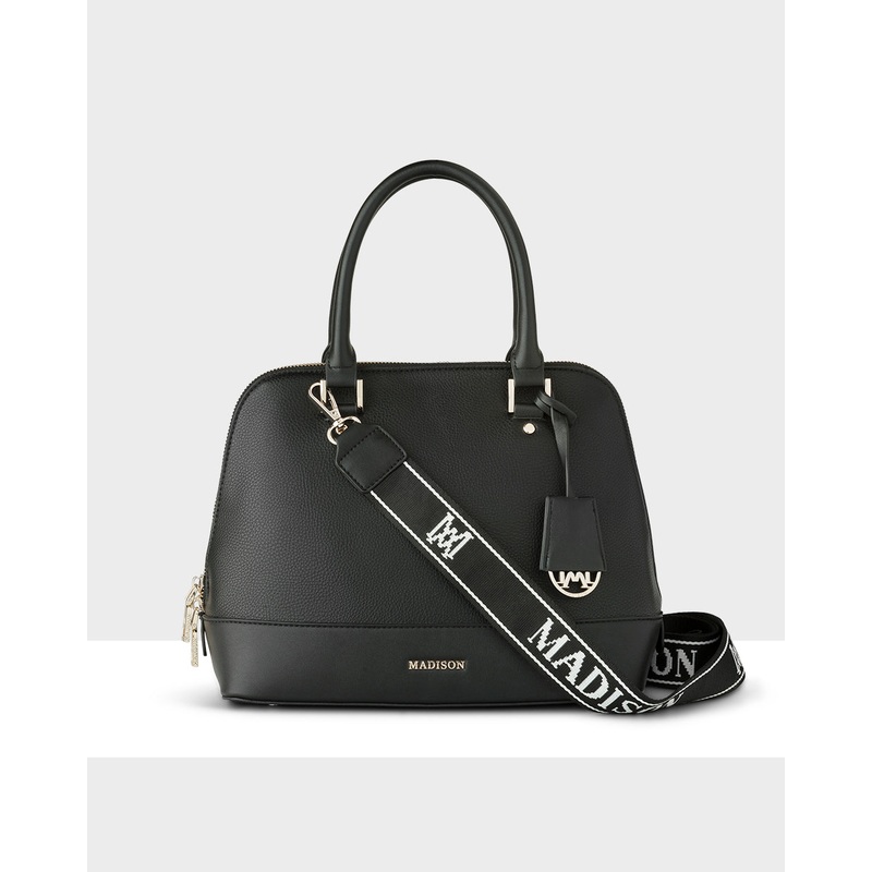 Grace Medium Dome Satchel Bag + Monogram Stripe Bag Strap Black + Black & White