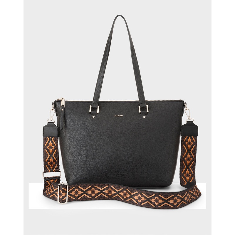 Vivian Medium Zip Top Tote With Aztec Strap Black + Black & Browns