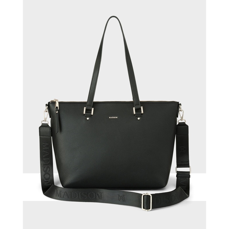 Vivian Medium Zip Top Tote With Monogram Strap Black + Black