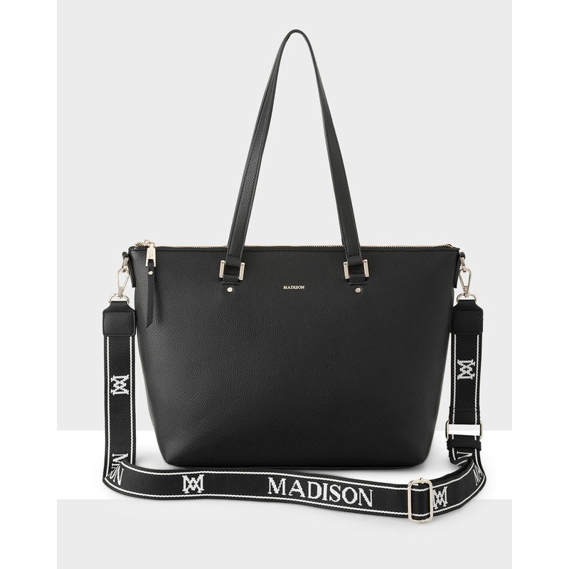 Vivian Medium Zip Top Tote With Monogram Stripe Strap Black + Black & White