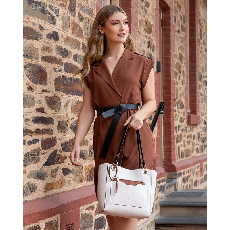 4 in 1 Reversible Tote, Crossbody Bag & Zip Purse Stone / Tan / Black