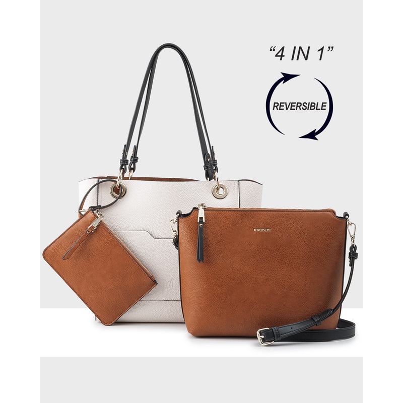 4 in 1 Reversible Tote, Crossbody Bag & Zip Purse Stone / Tan / Black