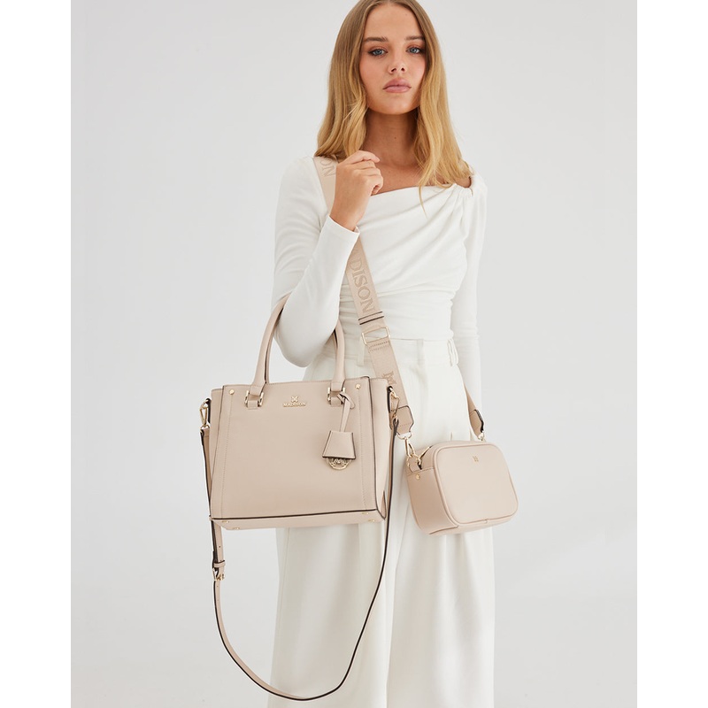 Angie Medium 3 Compartment Satchel Bag Nude