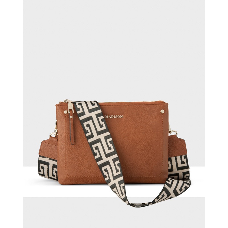 Charlotte Double Zip Crossbody Bag + Graphic Bag Strap Dk Tan + Black & Stone