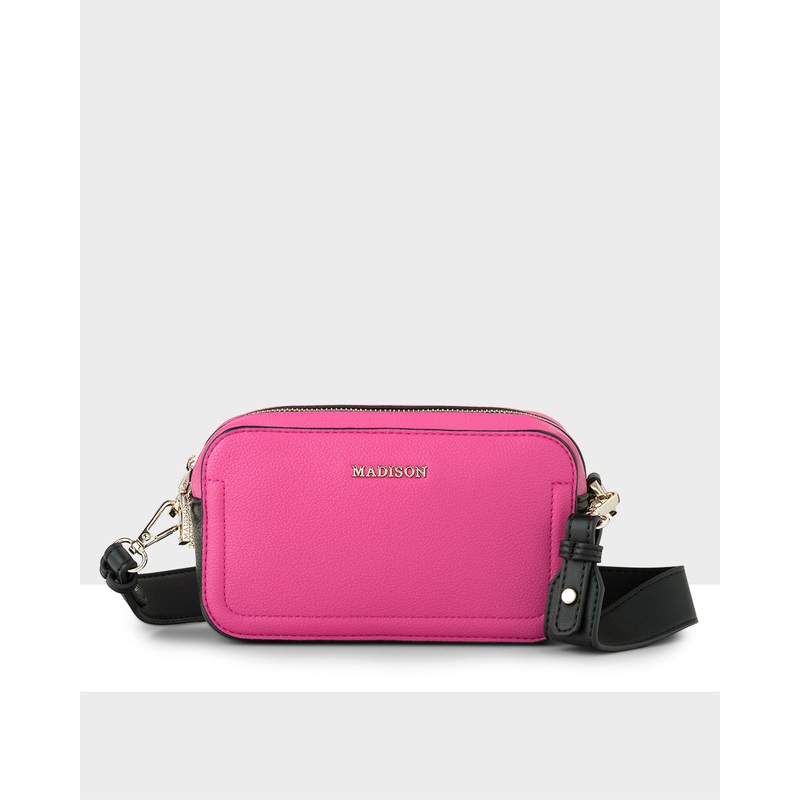 Maddie Double Zip Camera Crossbody Bag With Wide Strap Hot Pink / Black