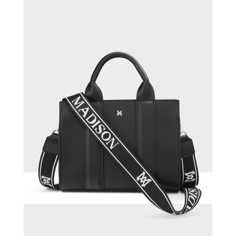 Nova Small Grab Tote With Monogram Stripe Strap Black + Black & White