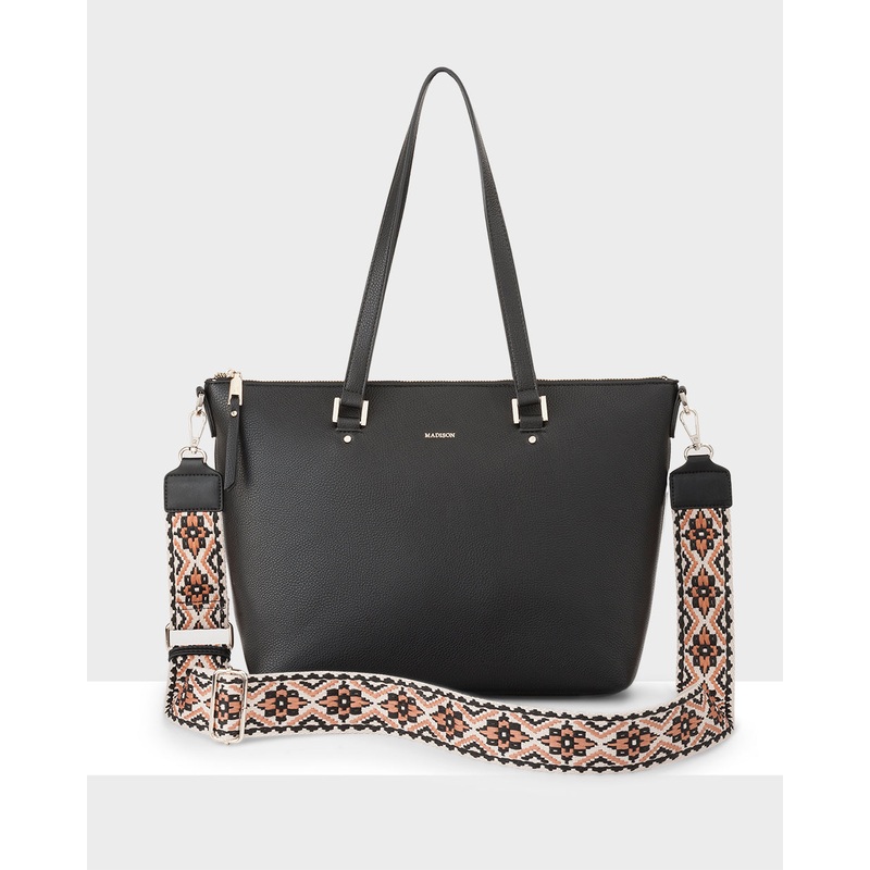 Vivian Medium Zip Top Tote With Aztec Strap Black + Caramel & Black