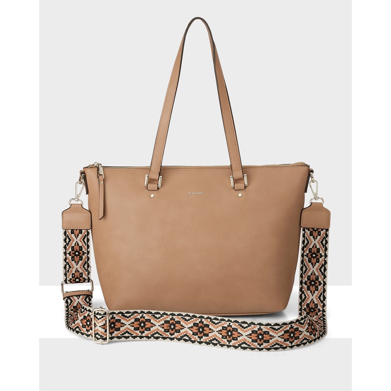 Vivian Medium Zip Top Tote With Aztec Strap Caramel + Caramel & Black