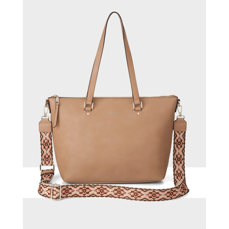 Vivian Medium Zip Top Tote With Aztec Strap Caramel + Natural, Peach & Brown