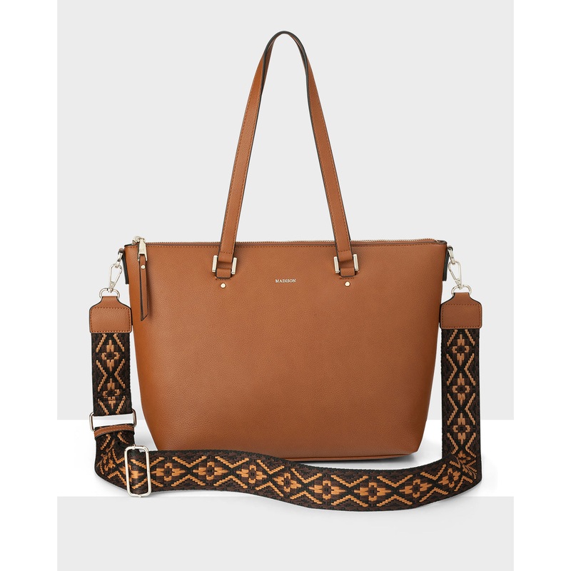 Vivian Medium Zip Top Tote With Aztec Strap Lt Tan + Black & Browns