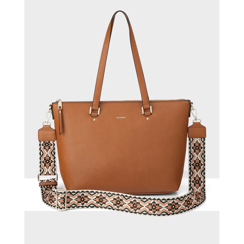 Vivian Medium Zip Top Tote With Aztec Strap Lt Tan + Caramel & Black