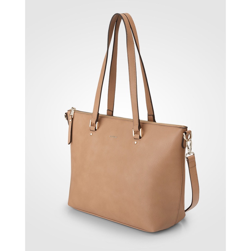 Vivian Medium Zip Top Tote With Monogram Stripe Strap Caramel + Caramel & White