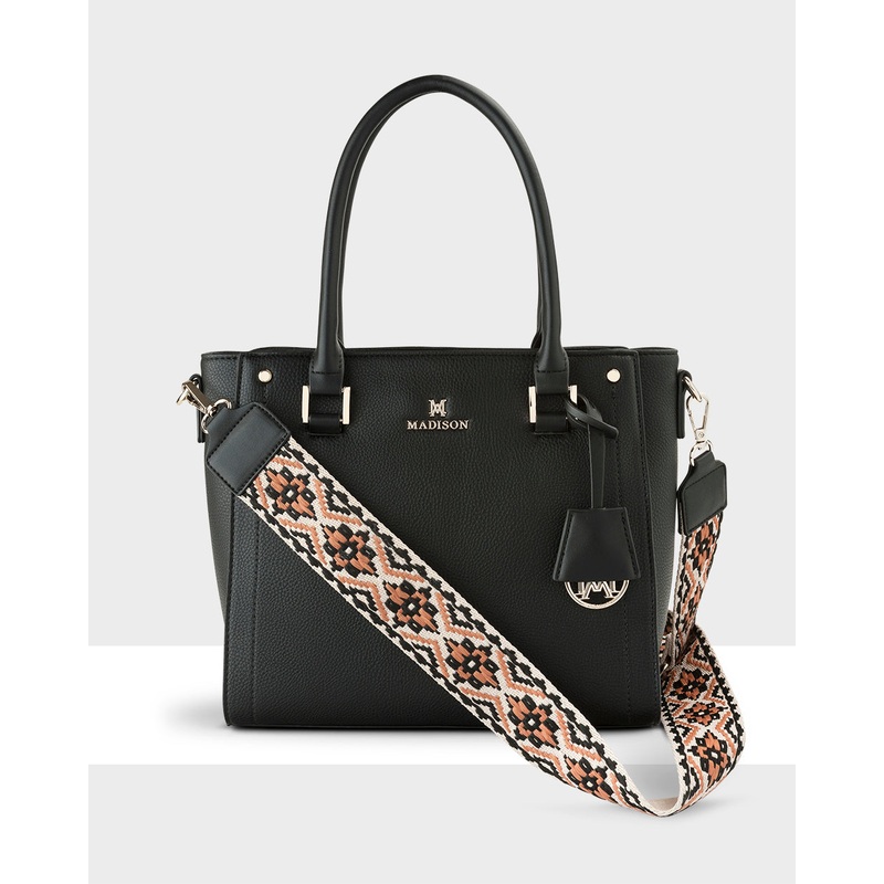 Angie Medium 3 Compartment Satchel Bag + Aztec Bag Strap Black + Caramel & Black