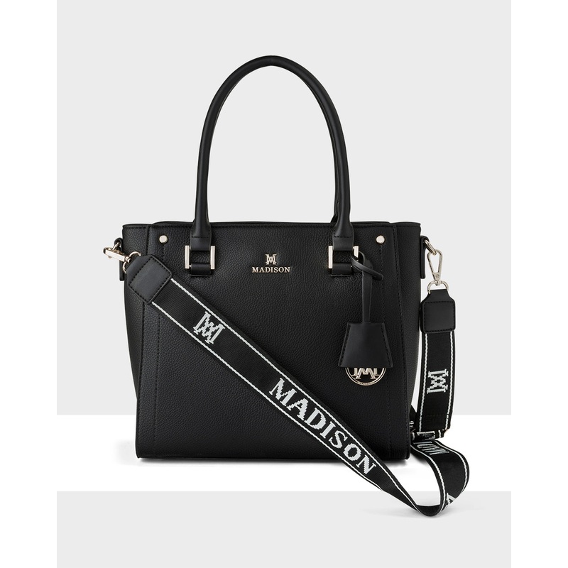 Angie Medium 3 Compartment Satchel Bag + Monogram Stripe Bag Strap Black + Black & White