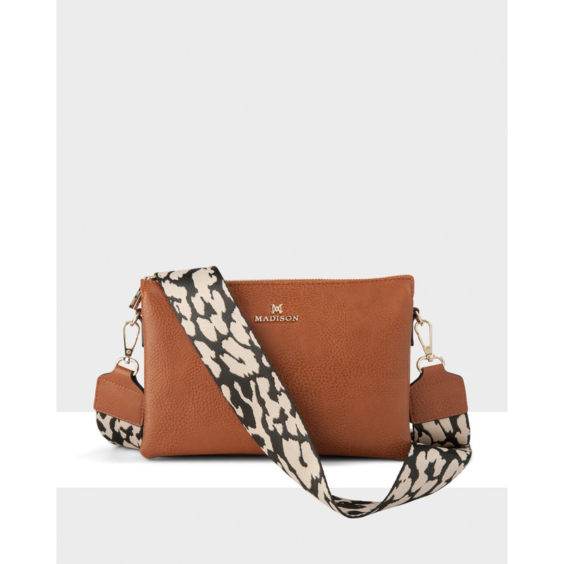 Avery 3 Compartment Crossbody Bag + Leopard Bag Strap Dk Tan + Black & Stone