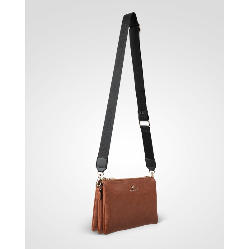 Avery 3 Compartment Crossbody Bag + Monogram Bag Strap Dk Tan + Black