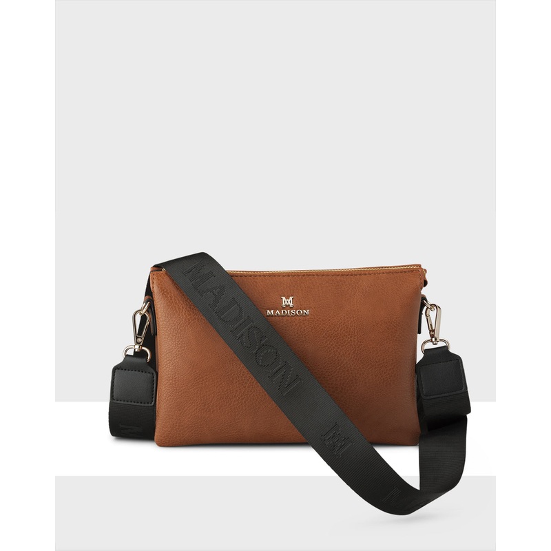 Avery 3 Compartment Crossbody Bag + Monogram Bag Strap Dk Tan + Black