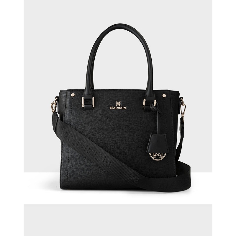 Angie Medium 3 Compartment Satchel Bag + Monogram Bag Strap Black + Black