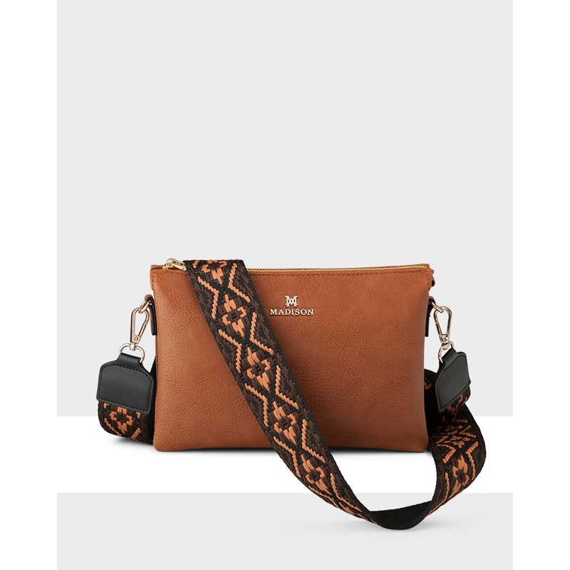 Avery 3 Compartment Crossbody Bag + Aztec Bag Strap Dk Tan + Black & Browns