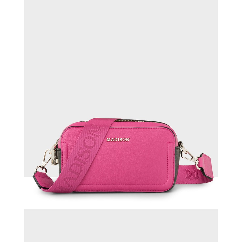 Maddie Double Zip Camera Crossbody Bag + Monogram Bag Strap Hot Pink / Black + Hot Pink
