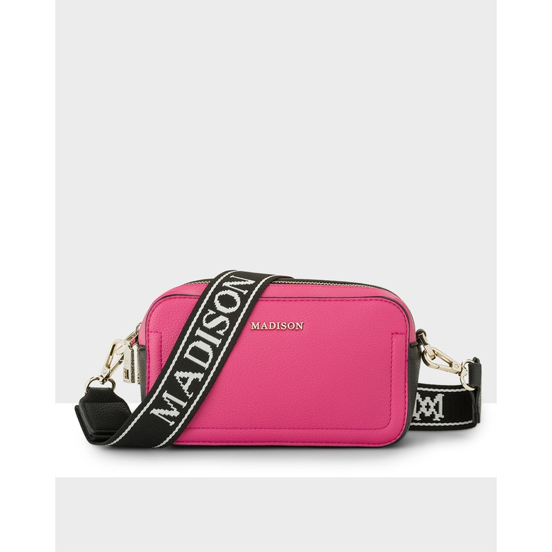 Maddie Double Zip Camera Crossbody Bag + Monogram Stripe Bag Strap Hot Pink / Black + Black & White