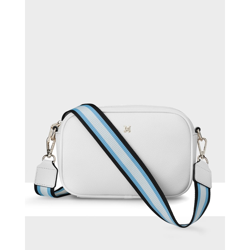 Monica Camera Crossbody Bag + Stripe Bag Strap White + Black, White, Powder Blue