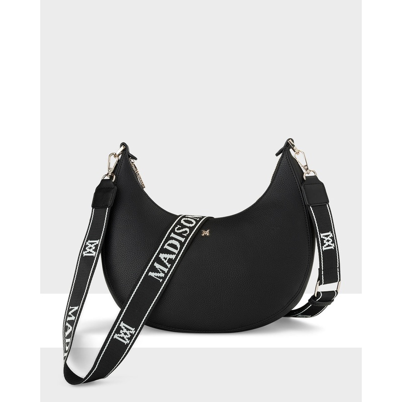 Pia Cresent Shoulder Bag With Crossbody Strap + Monogram Stripe Strap Black + Black & White