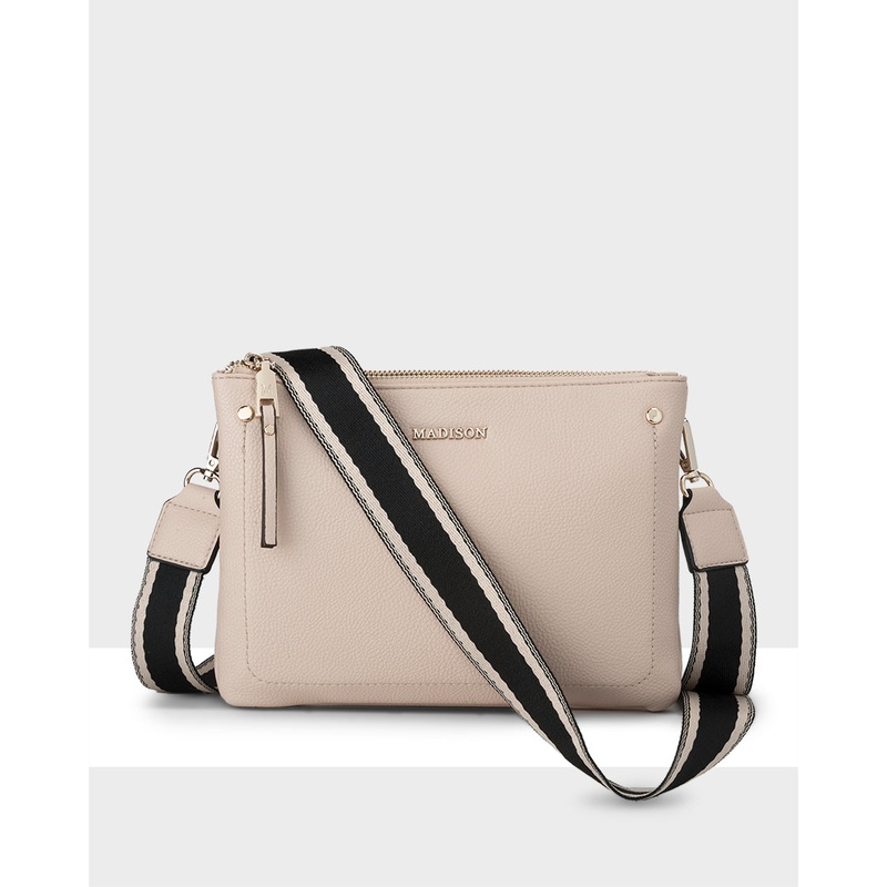 Charlotte Double Zip Crossbody Bag + Stripe Bag Strap Nude + Black & Stone