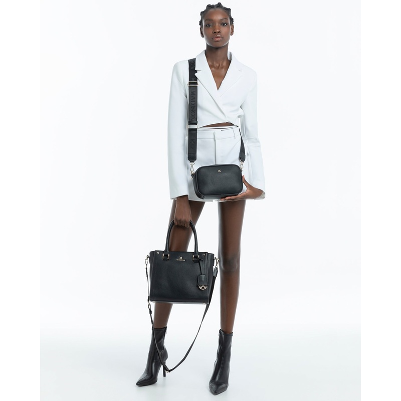 Angie Medium 3 Compartment Satchel Bag + Metallic Stripe Bag Strap Black + White, Black & Gold