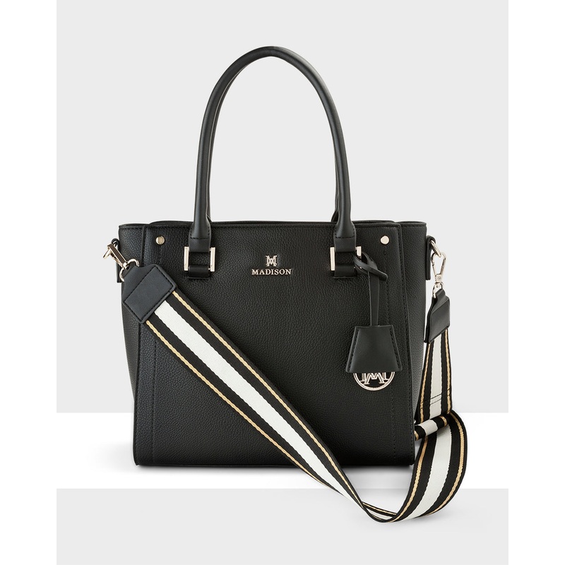 Angie Medium 3 Compartment Satchel Bag + Metallic Stripe Bag Strap Black + White, Black & Gold
