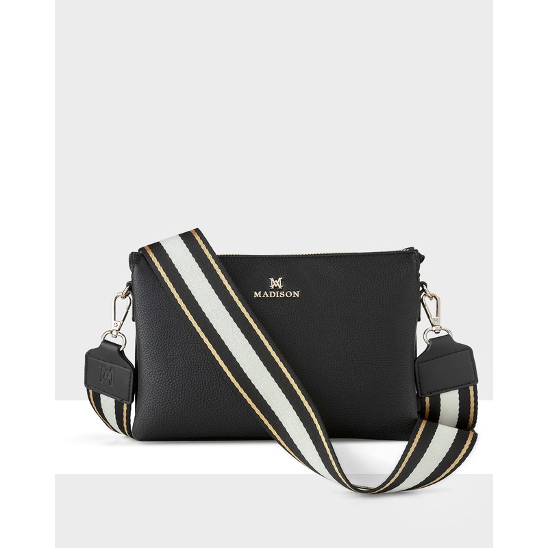 Avery 3 Compartment Crossbody Bag + Metallic Stripe Bag Strap Black + White, Black & Gold