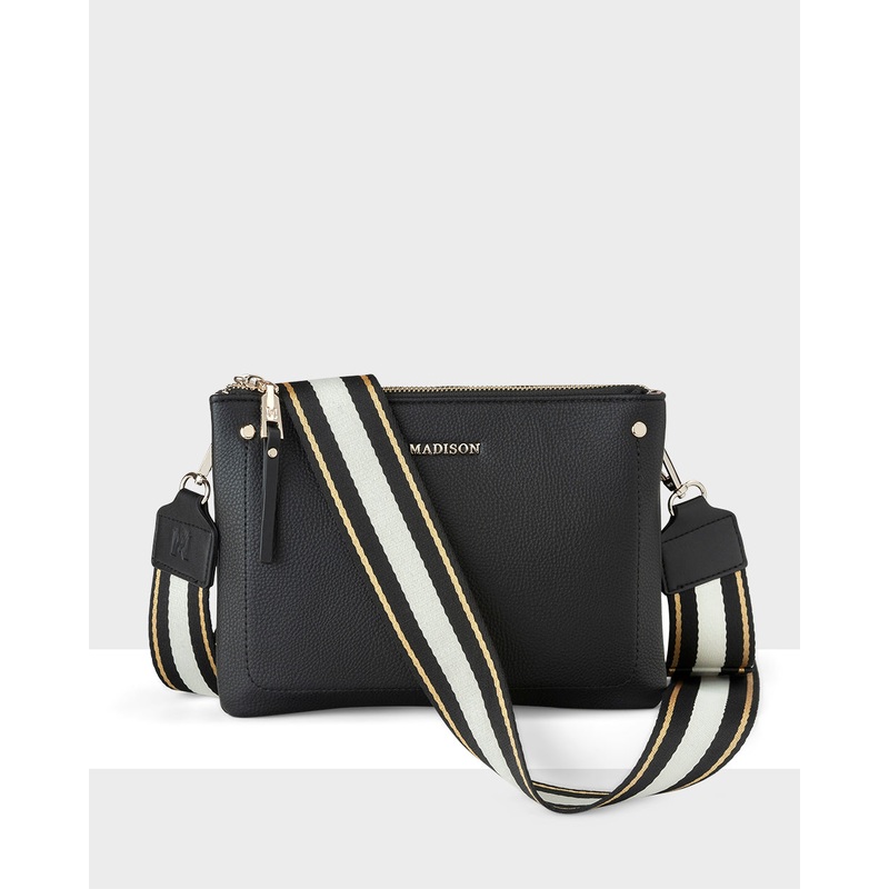 Charlotte Double Zip Crossbody Bag + Metallic Stripe Bag Strap Black + White, Black & Gold